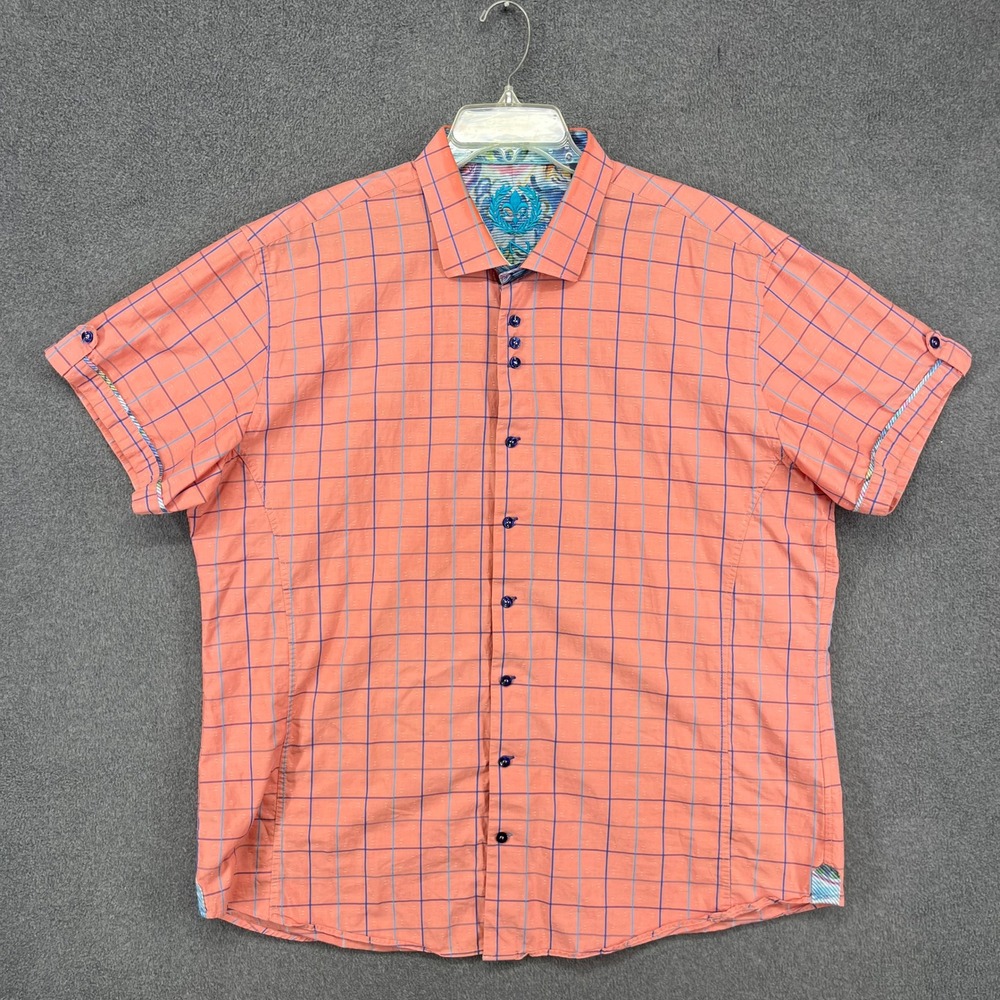 Au Noir Button Down Mens 7 3XL Coral Pink Blue Windowpane Short Sleeve Cotton
